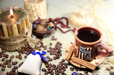 Naturmort With Cup of Coffee, Coffee Beans And Candle