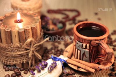 Naturmort With Cup of Coffee, Coffee Beans And Candle