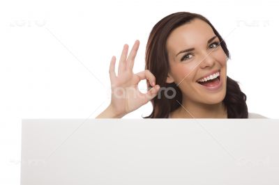 Smiling Mixed Race Female Holding Blank Sign on White