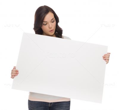Mixed Race Female Holding Blank Sign on White