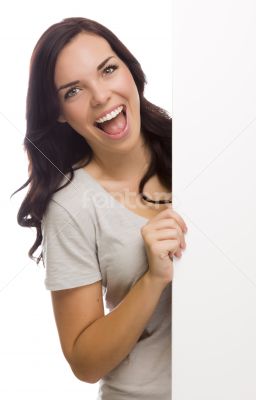 Beautiful Mixed Race Female Holding Blank Sign on White