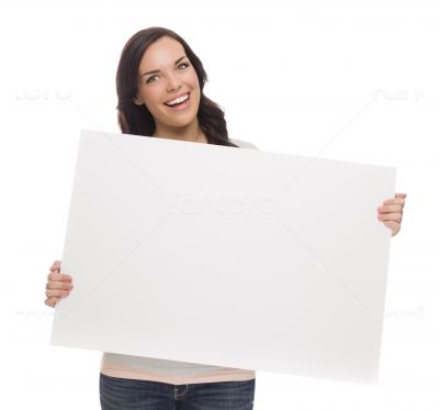 Beautiful Mixed Race Female Holding Blank Sign on White
