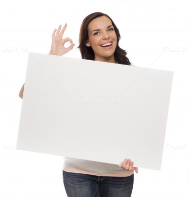 Smiling Mixed Race Female Holding Blank Sign on White