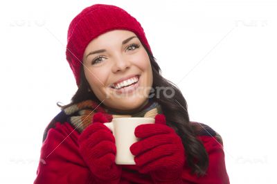 Mixed Race Woman Wearing Winter Hat and Gloves Holds Mug