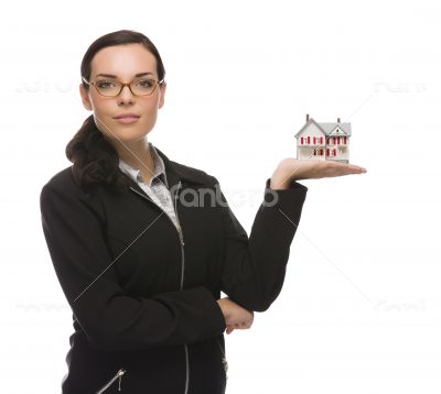 Mixed Race Businesswoman Holding Small House to the Side