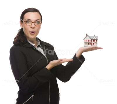 Mixed Race Businesswoman Holding Small House to the Side
