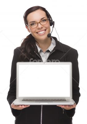 Mixed Race Businesswoman Wearing Headset Holds Computer With Bla