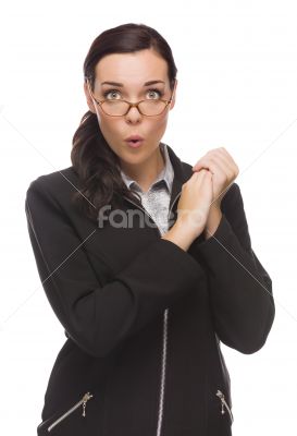 Funny Faced Mixed Race Businesswoman Holding Her Hands to Side