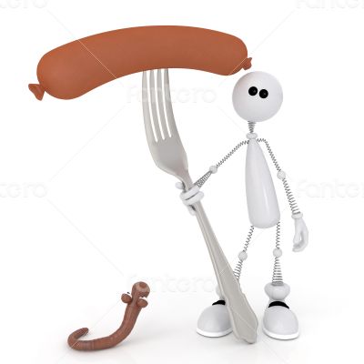 The 3D little man with a sausage on a fork.