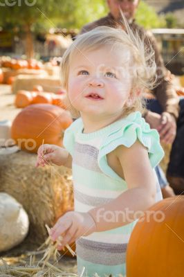 Adorable Baby Girl Having Fun at the Pumpkin Patch