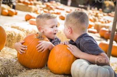 Two Boys at the Pumpkin Patch Talking and Having Fun