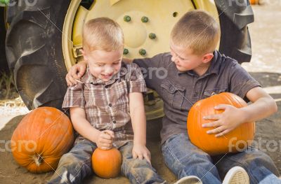 Two Boys Holding Pumpkins Talking and Sitting Against Tractor Ti