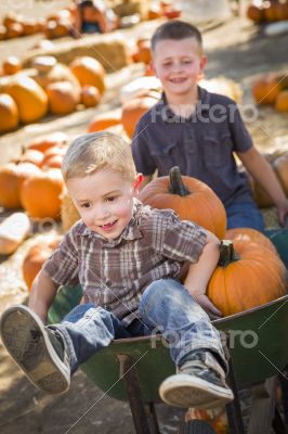 Two Little Boys Playing in Wheelbarrow at the Pumpkin Patch