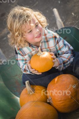 Little Boy Sitting and Holding His Pumpkin at Pumpkin Patch
