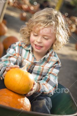 Little Boy Sitting and Holding His Pumpkin at Pumpkin Patch
