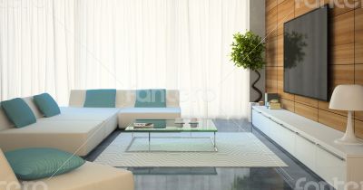 Modern interior with white sofas and tv