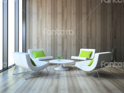 Modern interior with four armchairs and coffe table 3d rendering