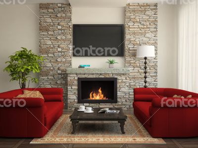 Modern interior with red sofas and fireplace