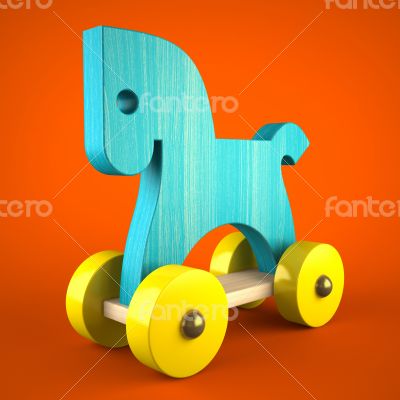 Blue wood horse toy on red background (symbol of the new year 20