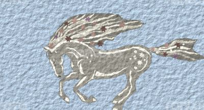 Postcard with a running gray horse