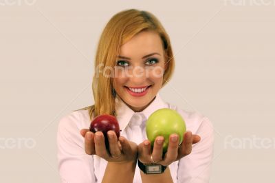 Girl Holding Red And Green Apples