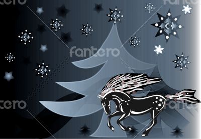Beautiful abstract background with a horse, tree and snowflakes