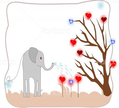 Cute elephant watering seedlings with hearts of love card