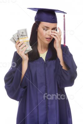 Stressed Female Graduate Holding Stacks of Hundred Dollar Bills