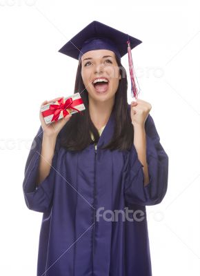 Female Graduate Holding Stack of Gift Wrapped Hundred Dollar Bil