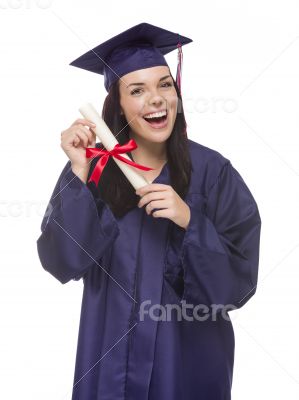 Mixed Race Graduate in Cap and Gown Holding Her Diploma