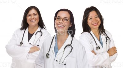 Three Hispanic and Mixed Race Female Doctors or Nurses