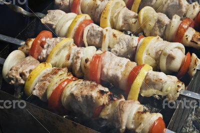 Raw shashlik on a skewer