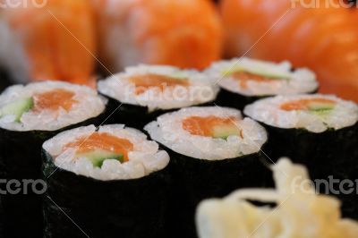 Sushi rolls with vassabi on the plate