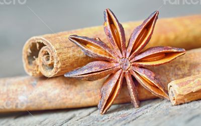 anise star and cinnamon sticks, on wooden table