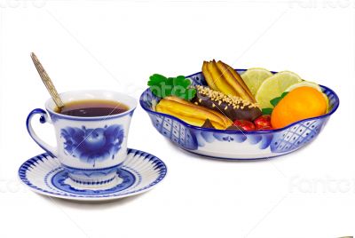 Cup of tea, cakes, sweets, fruit bowl, painted in the style of t