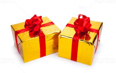 Two gold gift boxes