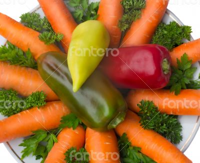 Carrot, onion and parsley on the plate on a white background.
