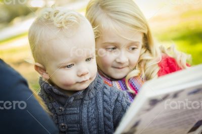 Mother Reading a Book to Her Two Adorable Blonde Children