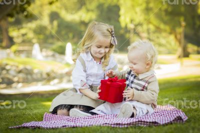 Little Girl Gives Her Baby Brother A Gift at Park