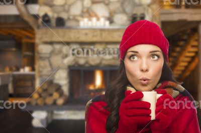 Mixed Race Girl Enjoying Warm Fireplace and Holding Mug