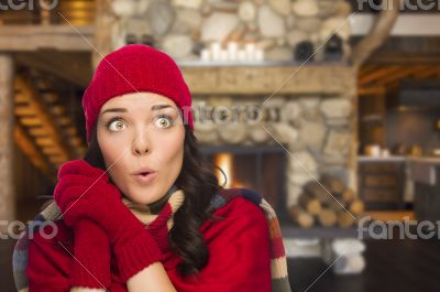 Mixed Race Girl Enjoying Warm Fireplace In Rustic Cabin