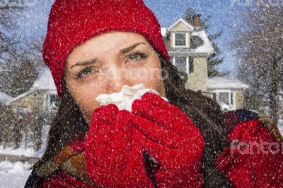 Sick Woman In Snow Blowing Her Sore Nose With Tissue