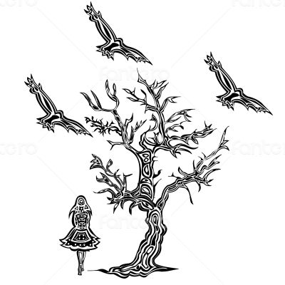 Girl eating under a tree in the style of tattoos