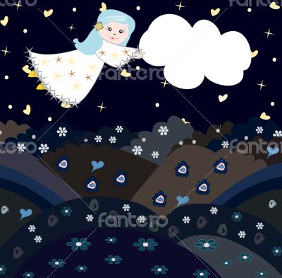 Sweet girl flying through the sky with a cloud