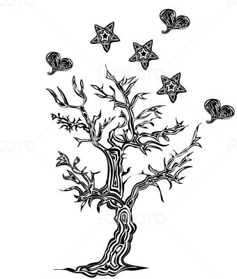 Tree with hearts and stars on a white background in tattoo style