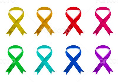 Eight colored ribbons on white