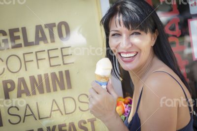 Pretty Italian Woman Enjoying Her Gelato at the Street Market.