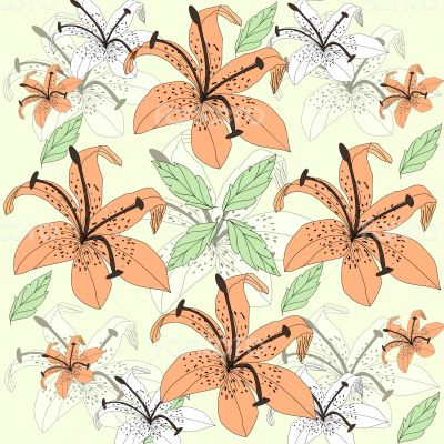 Original floral background with orange lilies and leaves 