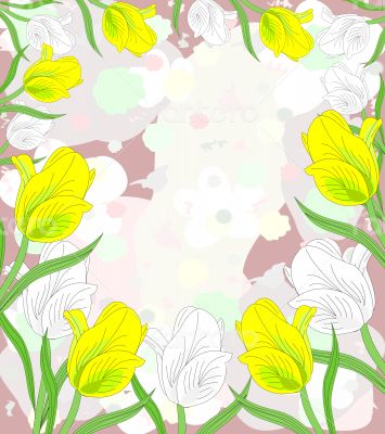 Lovely white and yellow tulips in bloom on an abstract backgroun