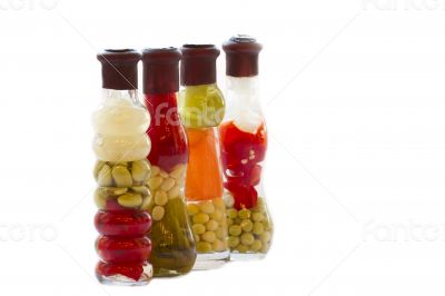 Decorative bottle with canned vegetables. 